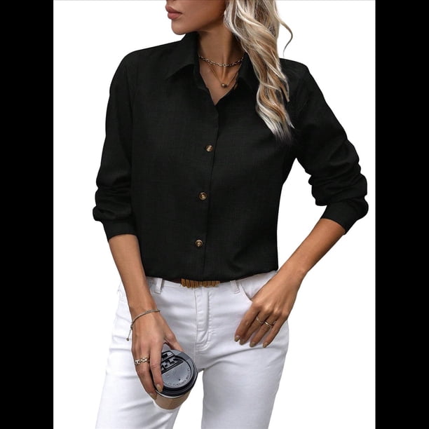 Camisas con Botones para Mujer, Blusas de Larga, Blusas Casuales Lisas para Oficina y Trabajo Negro XL