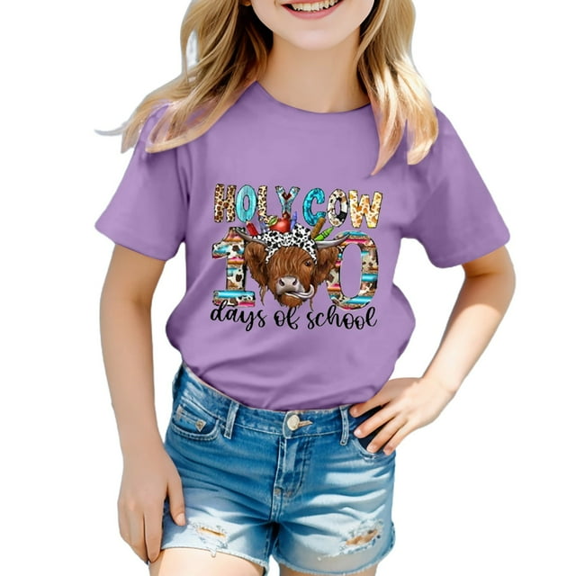 GDREDA T-Shirts Graphiques pour Filles, Manches Courtes, Imprimés, Tendance, Violet, 120