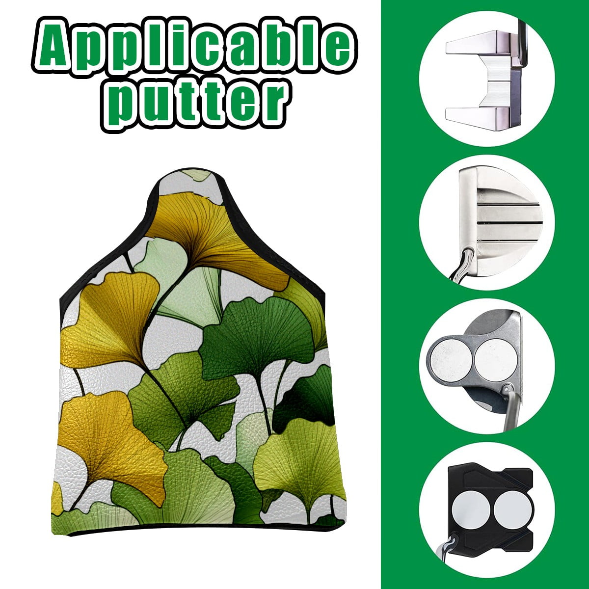 Golf Mallet Putter Cover Premium Leather Waterproof Golf Putter Head Cover with Magnetic Closure Yellow Green Ginkgo Leaves