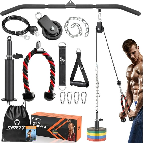 Cable Pulley System Gym, Power Rack Pulley Attachment with 2-in-1 LAT Pull Down Bar and Upgraded Loading Pin,Used for Triceps Pulldown, Biceps, Back, Shoulder