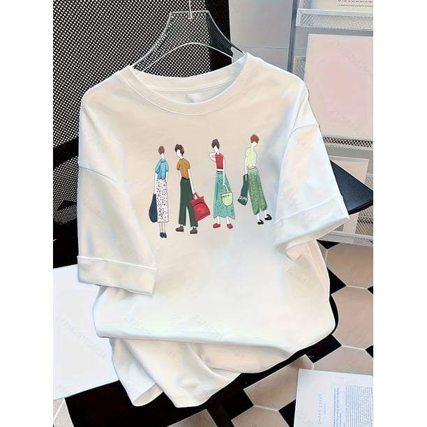 Women'S Casual Cartoon Print T-Shirt, Loose Fit Short Sleeve Crew Neck Top, All-Season Regular Length Tee with Slight Stretch, Cute T Shirts