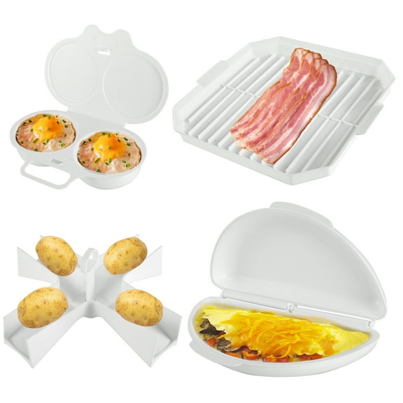 verlacoda 4Pcs Microwave Cooking Set BPA Free Heat Resistant Dishwasher Safe Microwave Oven Cookware Set with Bacon Baking Plate Egg Steamer Fried Egg Box Potato Rack for Home Kitchen