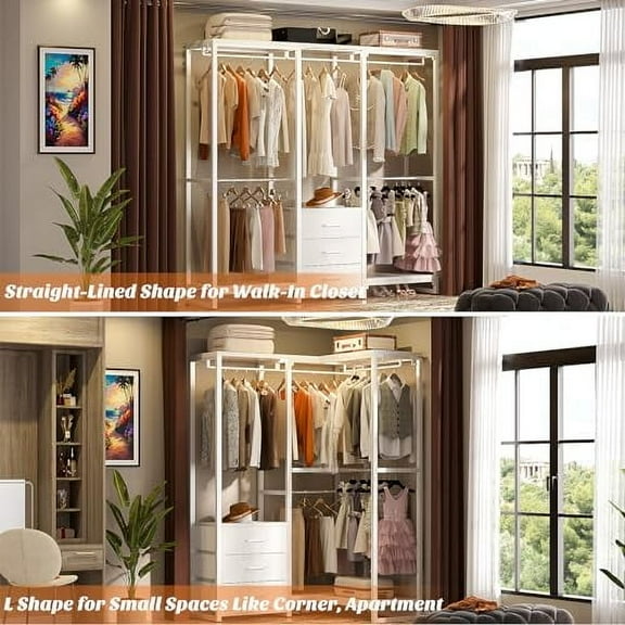 Aheaplus Garment Rack Heavy Duty Clothes Rack for Hanging Clothes,Clothing Rack with Drawers, Wood Stoarge Shelf Freestanding Closet Wardrobe Rack, Corner L Shaped Closet System Or