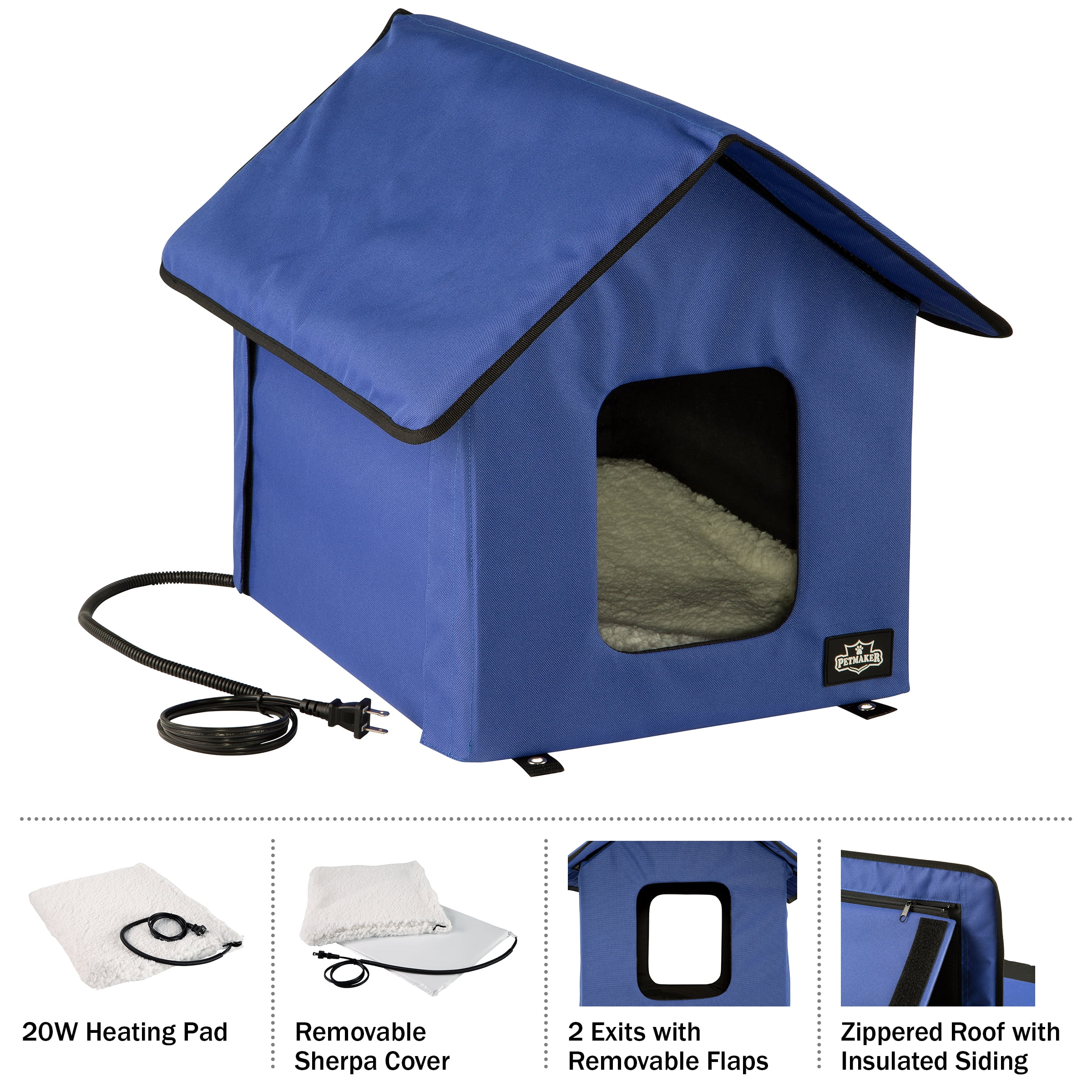PETMAKER Heated Cat House with Heating Pad and Sherpa Cover (Blue)