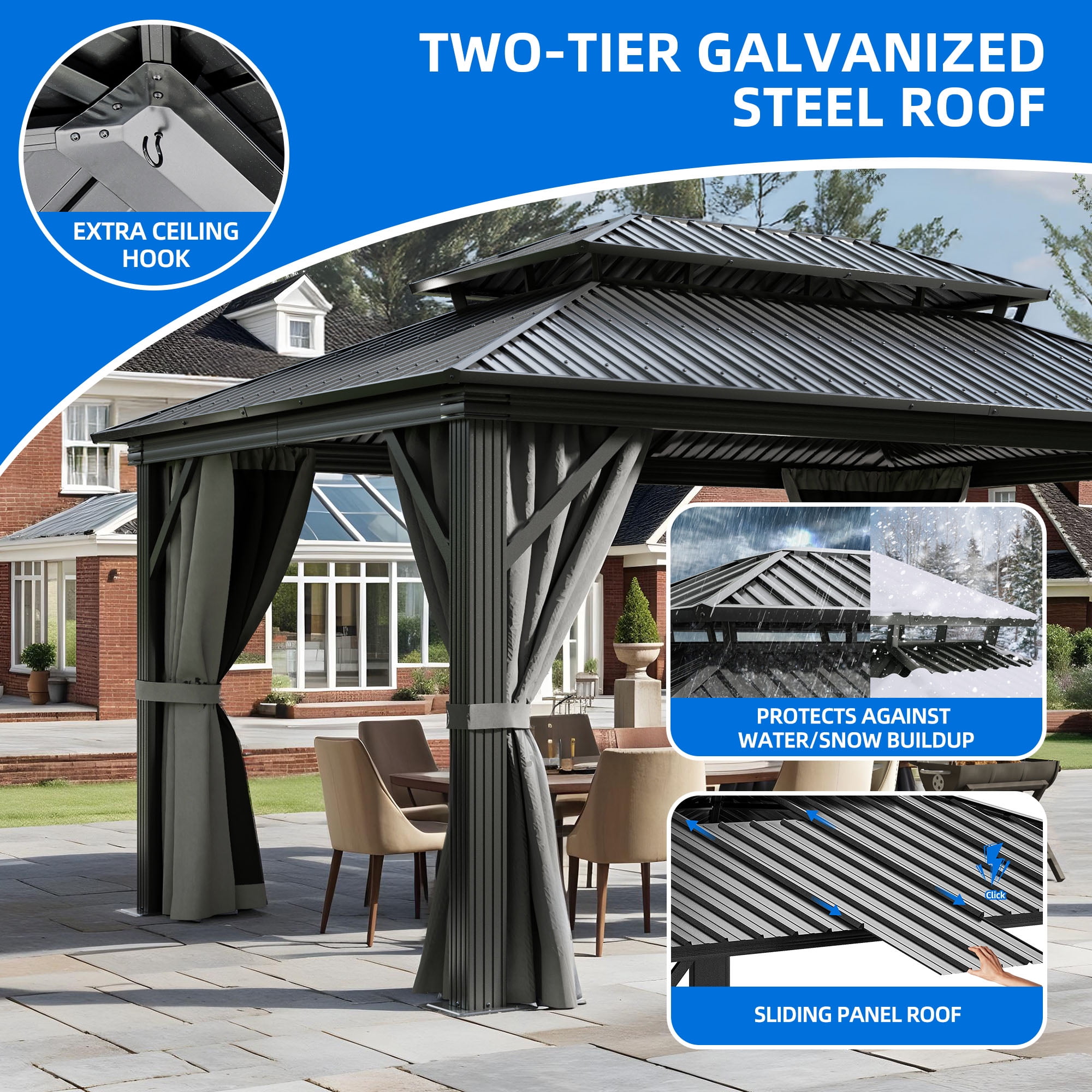 Dextrus 12x16 FT Outdoor Double Roof Hardtop Gazebo,Heavy Duty Galvanized Steel Patio Gazebo with Netting & Gray Curtains, Sunshade for Garden, Patio, Lawns, Black&Gray