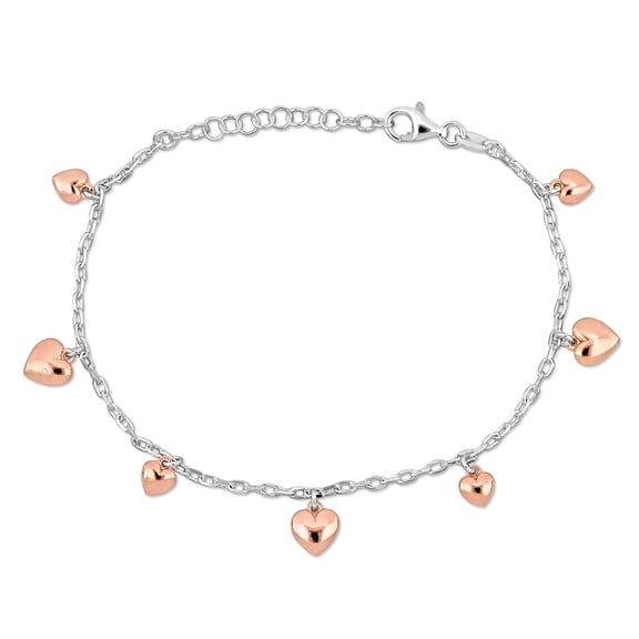 Everly Women's 1.8mm Diamond-Cut Two-Tone Silver Station Pink Heart Charm Cable Chain Bracelet
