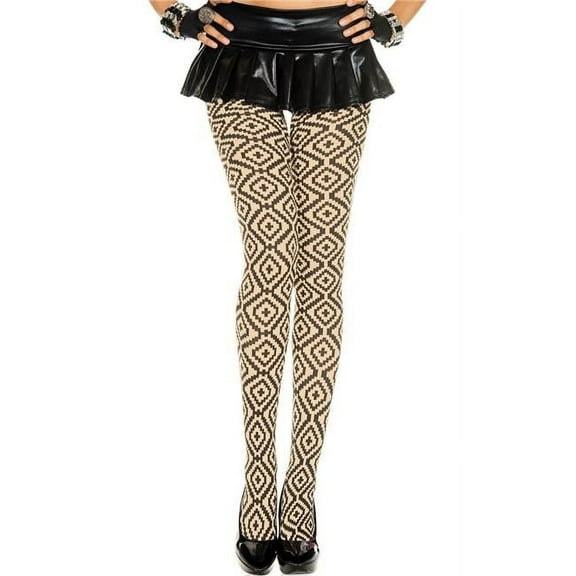 Music Legs Women's Women's 7119-BEIGE-BLACK Diamond & Cross Print Spandex Pantyhose - Beige & Black 7119-BEIGE/BLACK