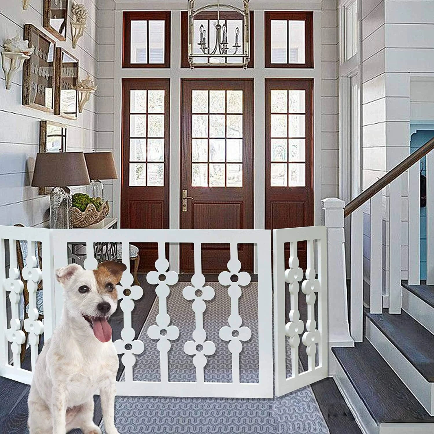 White Floral Wood Pet Dog Gate Foldable Adjustable 3-Section Freestanding Extra Wide. Keeps Pets Safe Indoors/Outdoors - Fully Assembled