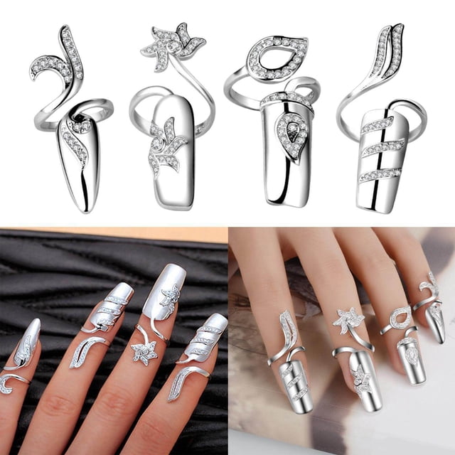 ziyahi Rhinestone Fingertip Opening Ring Ring Nail Protector Adjustable Nail Cover Open Finger Nail Guard Fingertip Nail Cover Rings Silver