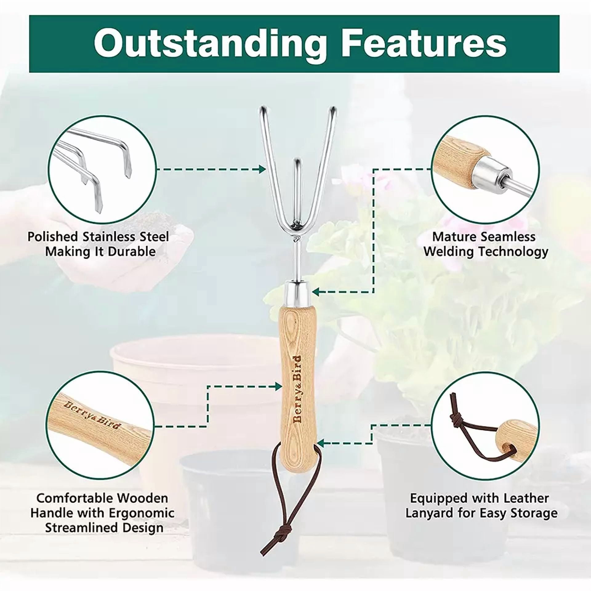 CRESTIN- Berry&Bird Garden Hand Cultivator Stainless Steel Handheld Triple Claw Hand Rake