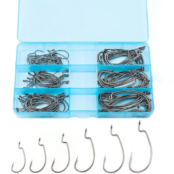 "50/100/120pcs EWG Fishing Hooks, Bass Fishing Hooks Offset Worm Hook Texas Rig Hooks Live Bait Fishing Hooks for Freshwater Saltwater Size 4 2 1 1/0 2/0 3/0 4/0 5/0