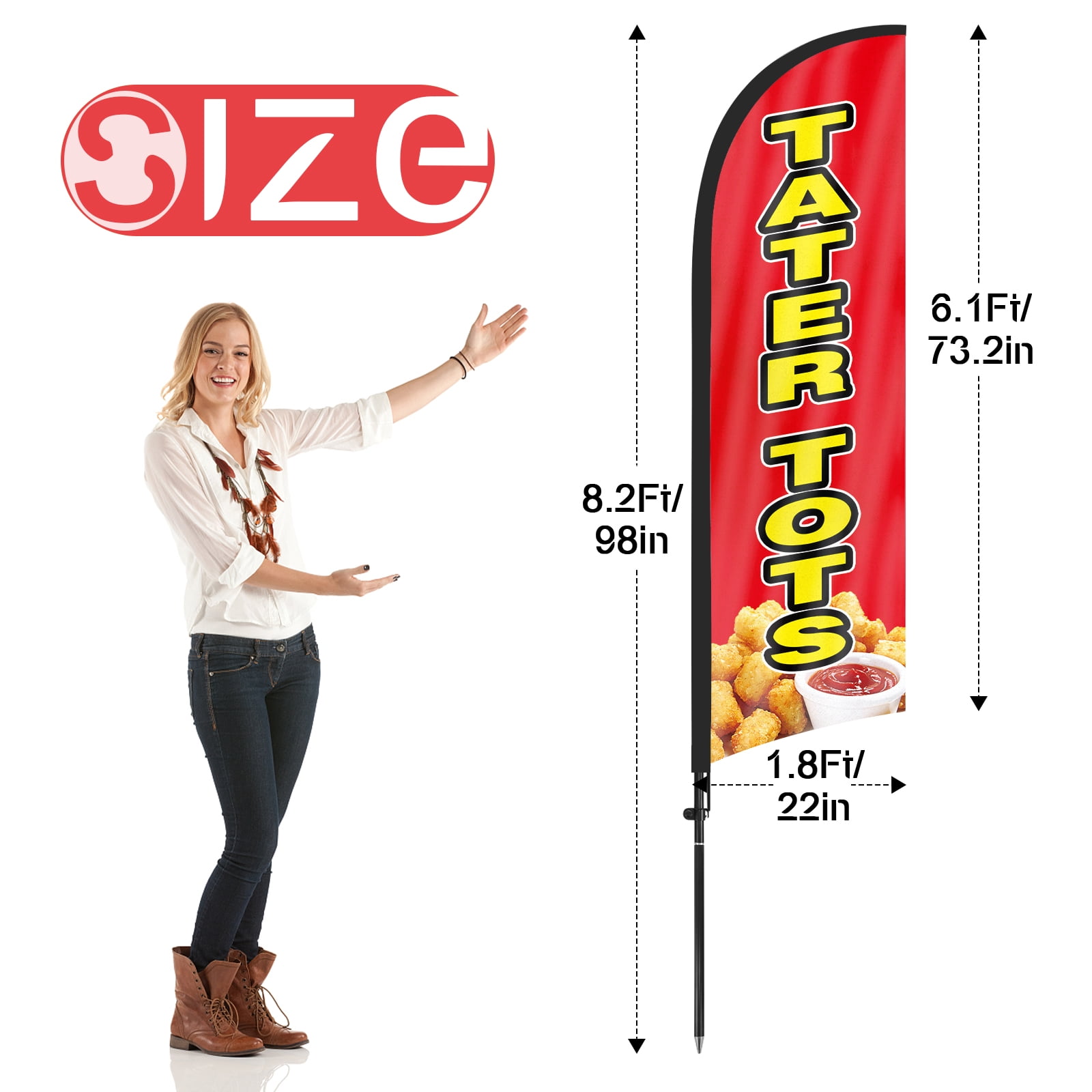 QSUM Tater Tots Feather Flag with Flag Pole Kit and Ground Spike, 8.2FT Tater Tots Windless Flag Banner Sign Business for Outdoor Advertising Sign Decoration Display