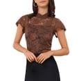 thumbnail image 1 of INSPIRAR CHIC Blusa de manga corta con cuello alto y espalda con abertura para mujeres en el Día de San Valentín, semi transparente, talla XS, color marrón, 1 of 6
