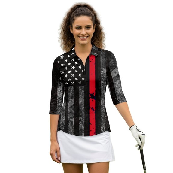 HUIACONG Thin Red Line Flag Womens 3/4 Sleeve Golf Shirts Quarter Zip Polyester Spandex Fabric with Fashion Quick Dry Golf Shirt Women for Ladies