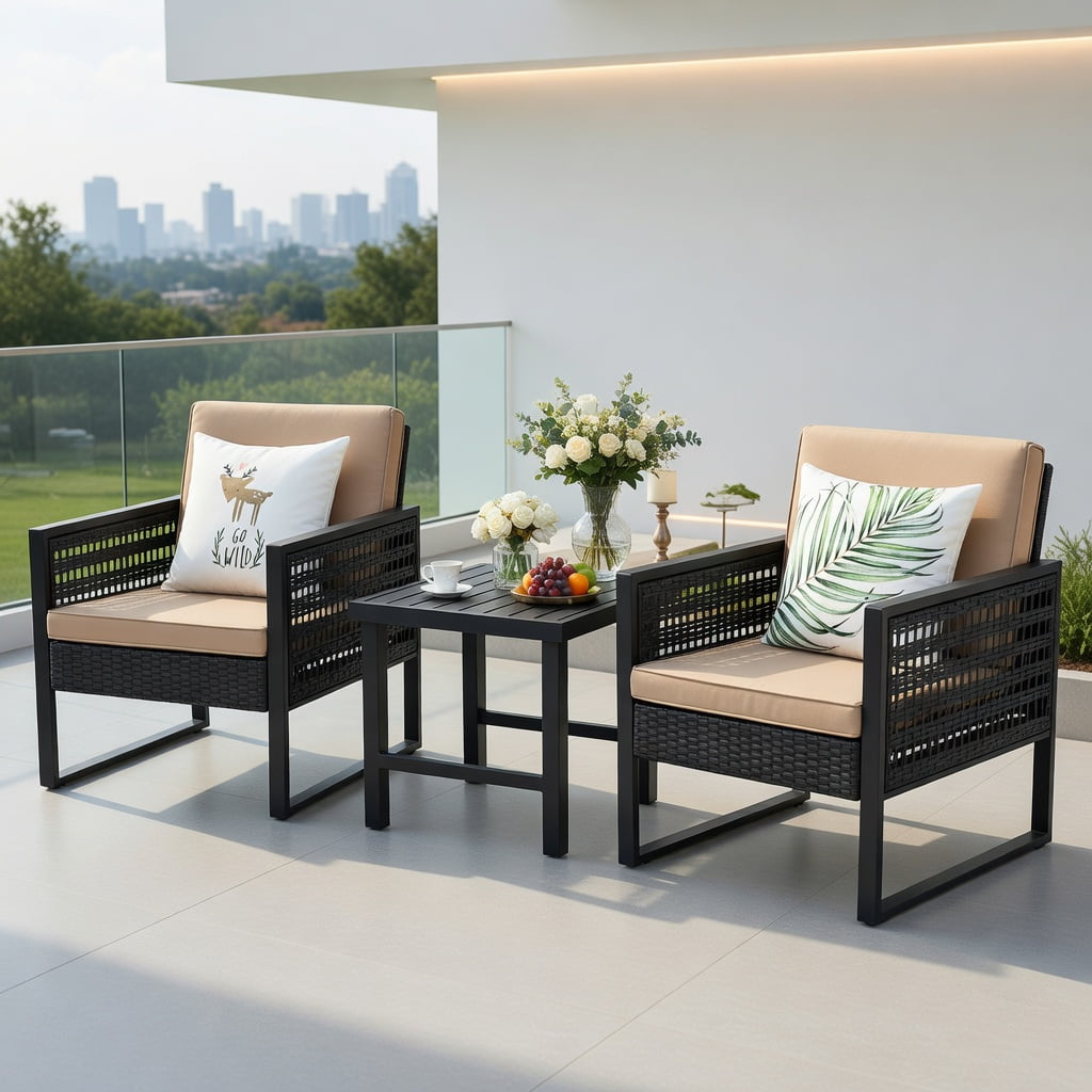 Kadyn 3-Piece Outdoor Rattan Bistro Set with Cushioned Sofas & Coffee Table – Steel Frame, Adjustable Feet, All-Weather Wicker Patio Furniture for Garden, Porch, Poolside or Indoor Living Space