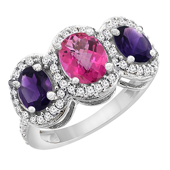 10K White Gold Natural Pink Topaz & Amethyst 3-Stone Ring Oval Diamond Accent, size 6