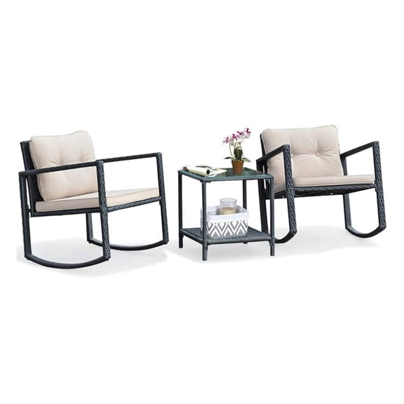 WDZS 3 Pieces Patio Wicker Rocking Set, Outdoor Rocking Chairs and Table Set with Cushions, Glass Coffee Table with Storage Shelf, Suitable for Patio, Garden, Poolside, Balcony (Beige)