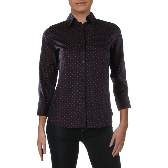 Lauren Ralph Lauren Womens Petites Polka Dot Long Sleeves Blouse