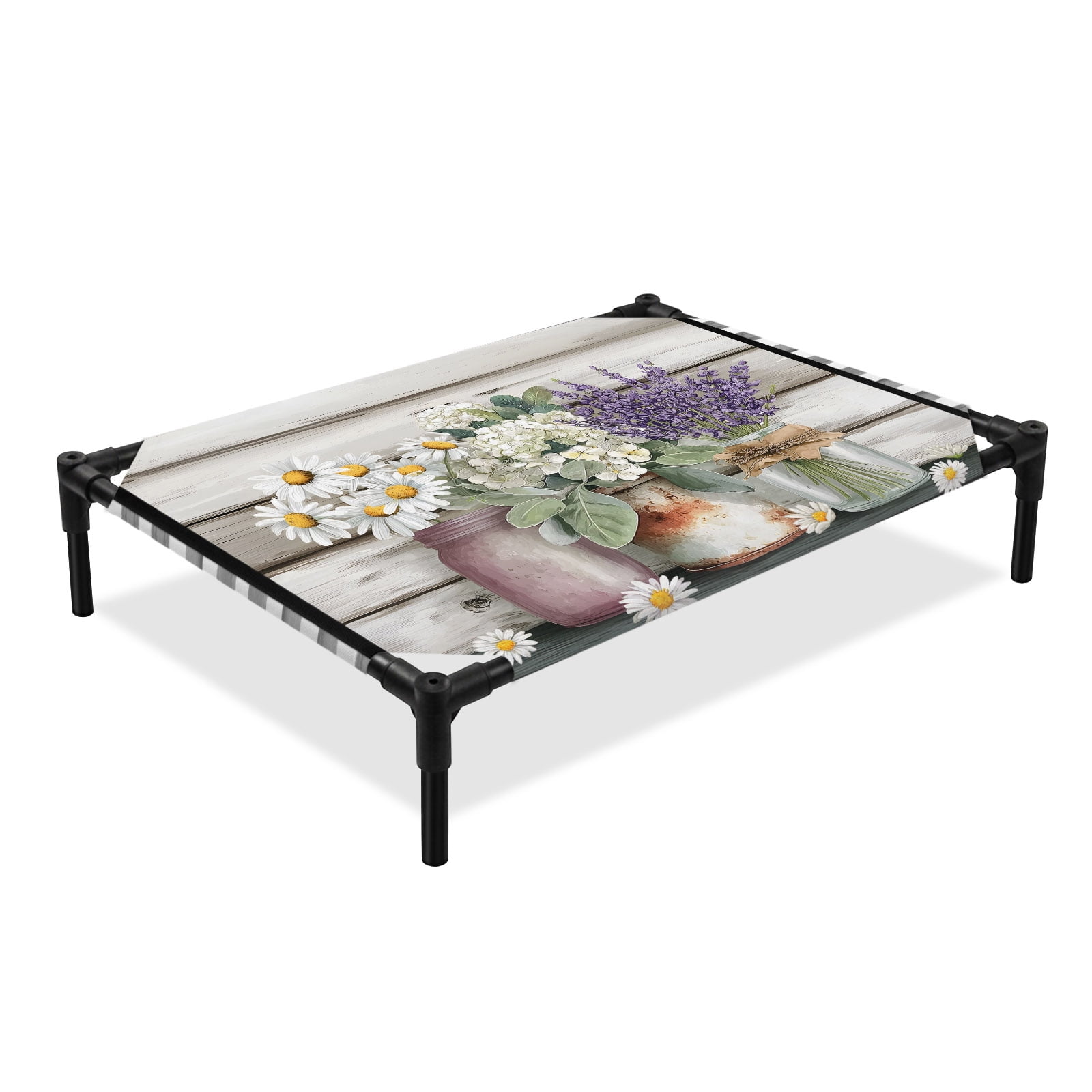 Spring Florals Elevated Dog Bed Daisy Lavender Bouquet Retro Wood Black Plaid Cooling Breathable Outdoor Raised Dog Cot Bed with Metal Frame Non-Slip Feet for Large Dog 28x22in