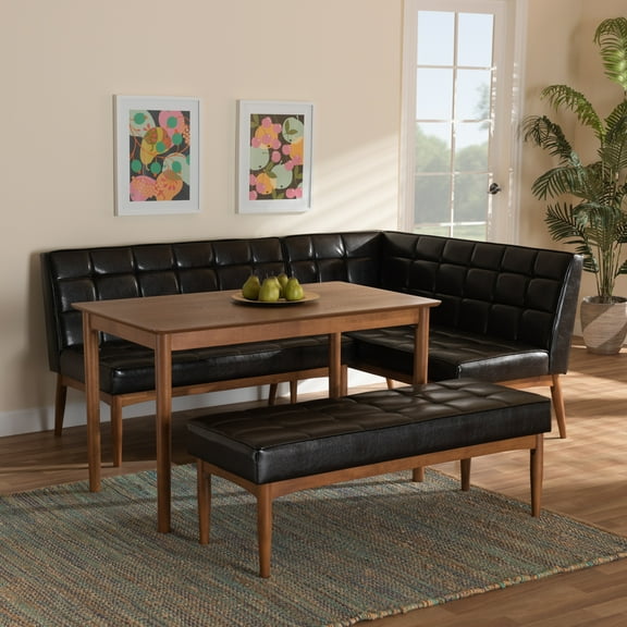 Baxton Studio Sanford Mid-Century Modern Dark Brown Faux Leather Upholstered and Walnut Brown Finished Wood 4-Piece Dining Nook Set