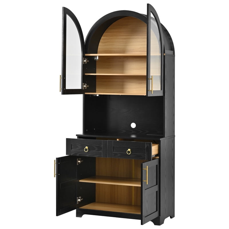Arched Kitchen Pantry Cabinet with LED Light & Charging Station, Farmhouse Storage Hutch with 2 Drawers, Adjustable Shelves, Glass Doors, Coffee Bar Cabinet for Kitchen, Dining Room