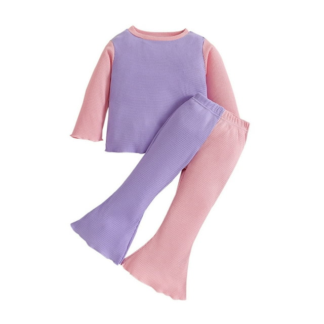 Gibobby Conjunto niña Niños pequeños bebés niñas Primavera Verano Patchwork algodón acanalado manga larga Tops Bell Bottom trajes ropa(Morado,2-3 Años)