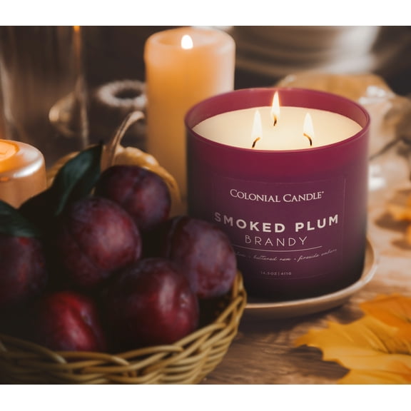 Colonial Candle Pop of Color Smoked Plum Brandy Jar Candle, 3 Wick, 14.5 oz, 60 Hours Burn, Aromatic