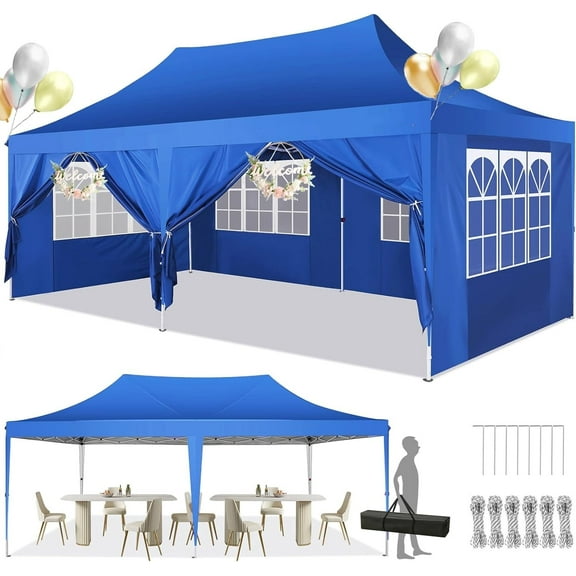 SANOPY 10'x20' Ez Pop up Canopy Party Tent with 6 Sidewalls, Waterproof and Sun Shelter Heavy Duty Canopy for Market with Carry Bag, Blue
