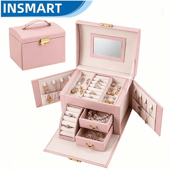 INSMART Jewelry Box, 3 Layer Leather Jewelry Organizer Boxes for Women Girls, Multi-Function Holder Drawers with Mirror, Jewelry Storage Case for Rings Earrings Necklaces Bracelets