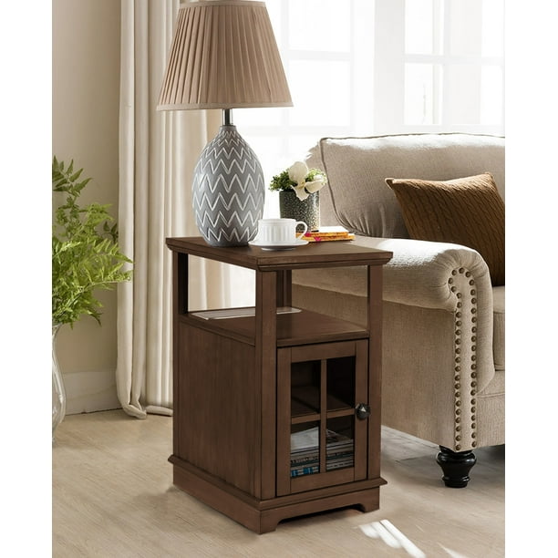 Farmhouse Chairside End Table with USB Ports & Power Outlets,Walnut