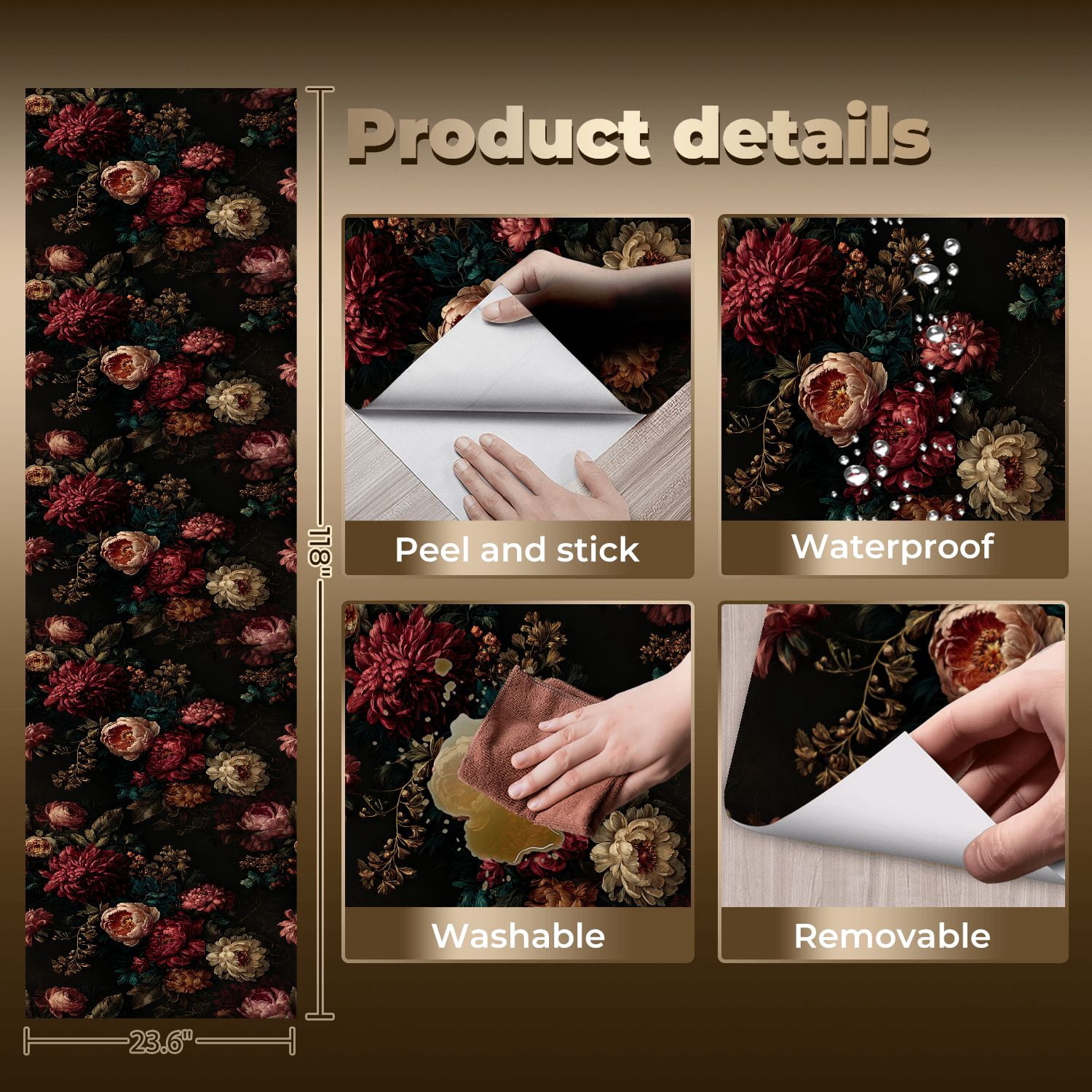 Peel and Stick Wallpaper Dark Vintage Floral Bouquet Deep Red Peonies Botanical Wall Mural 23.6in x 9.8ft Self Adhesive Removable Wall Paper Renter Friendly Wallpaper for Nursery Bedroom Cabinets