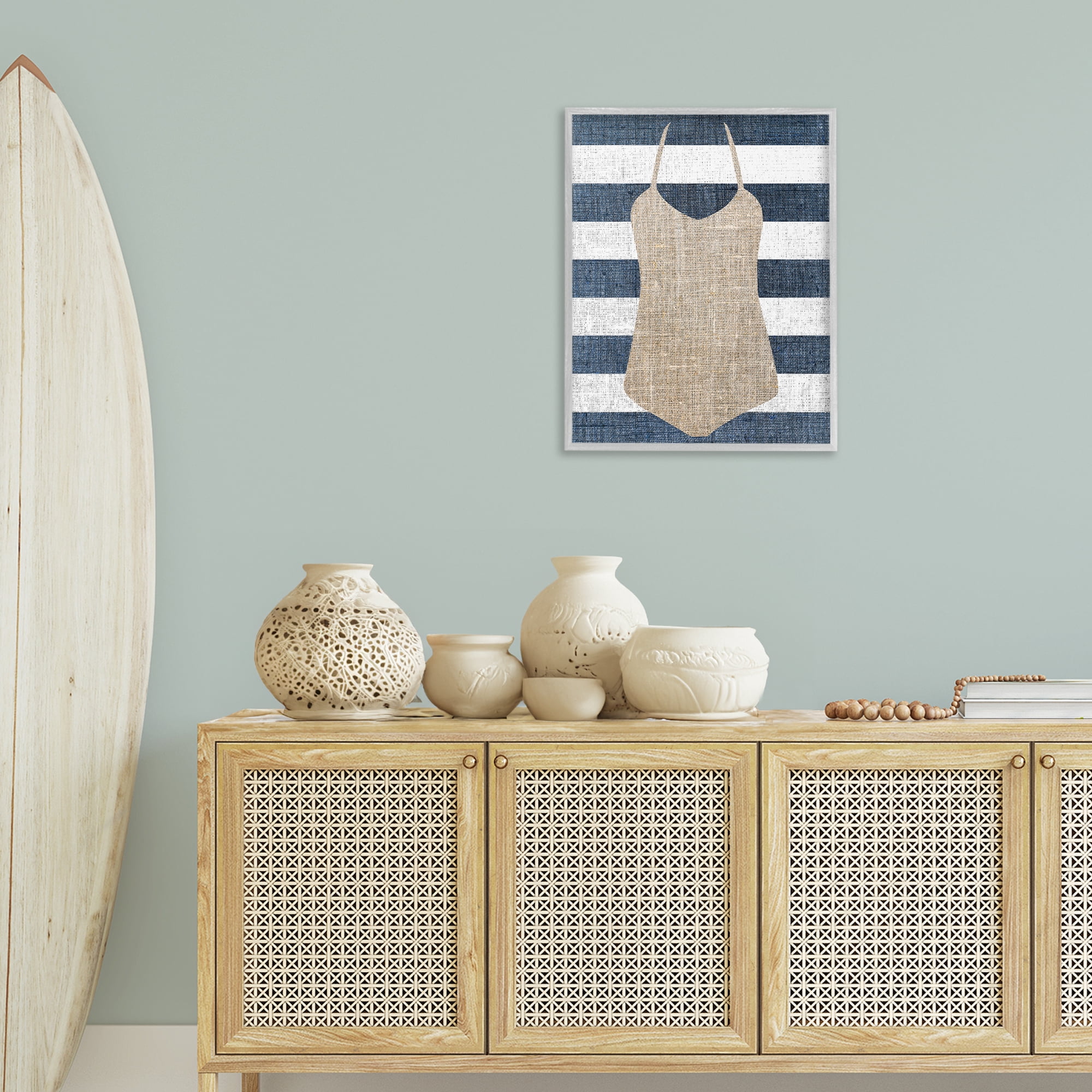 Stupell Industries Swimsuit on Stripes Beauty & Fashion Painting Gray Framed Art Print Wall Art, 24 x 30
