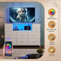 Simple Deluxe TV Stand Dresser with 8 Fabric Drawers and Open Shelves, Entertainment Center with LED Lights & Charging Station, Wood Top for 45" -55" TV, for Bedroom/Living Room/Hallway, White