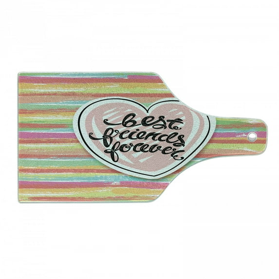 Best Friend Cutting Board, Illustration of Typography in a Heart on a Colorful Striped Backdrop, Decorative Tempered Glass Cutting and Serving Board, in 3 Sizes, by Ambesonne