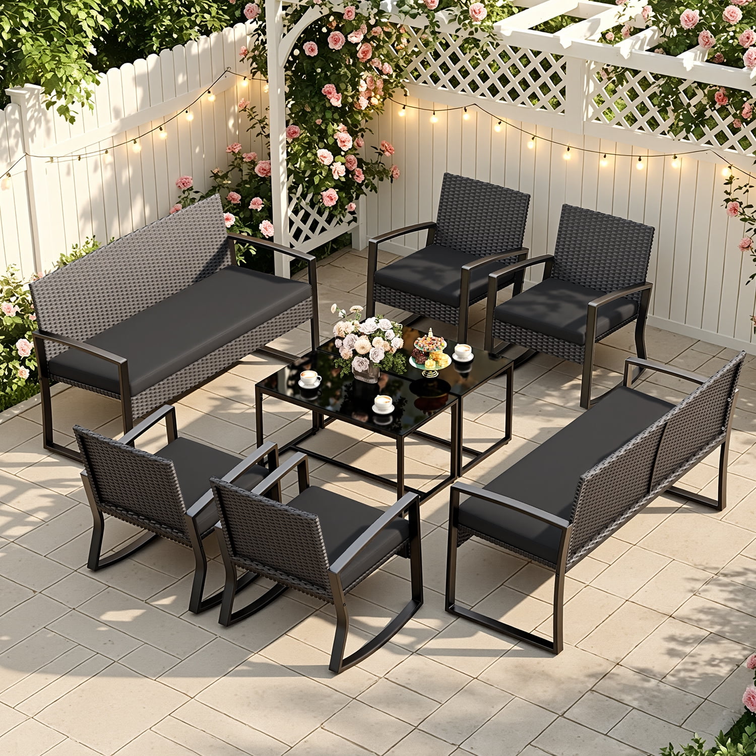 Patio Furniture Set, Lofka 8 Piece Outdoor Wicker Furniture Set with Two Tempered Glass Tables for Conversation/Gathering on Porch/Backyard, Black