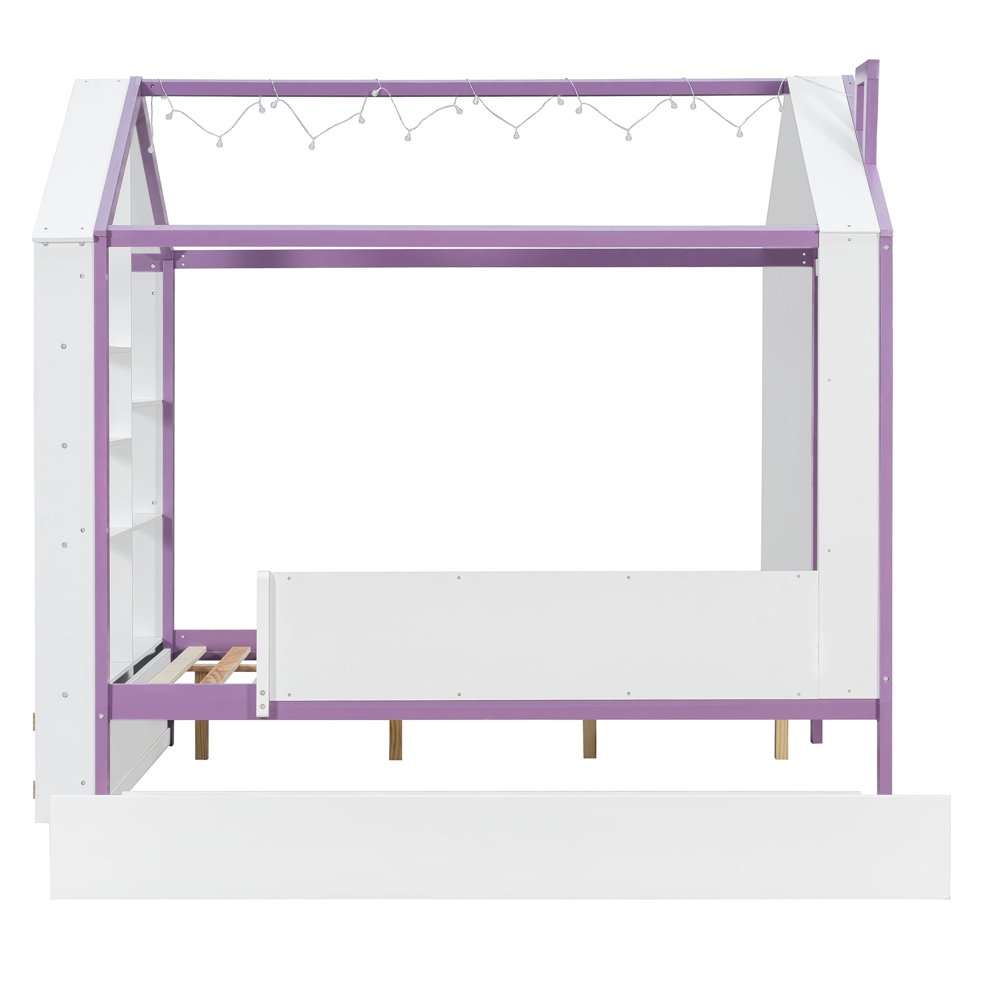 Full Size House Bed Frame with Pull-Out Trundle, Tail End Storage Shelves and Cool White LED Lights, White+Purple