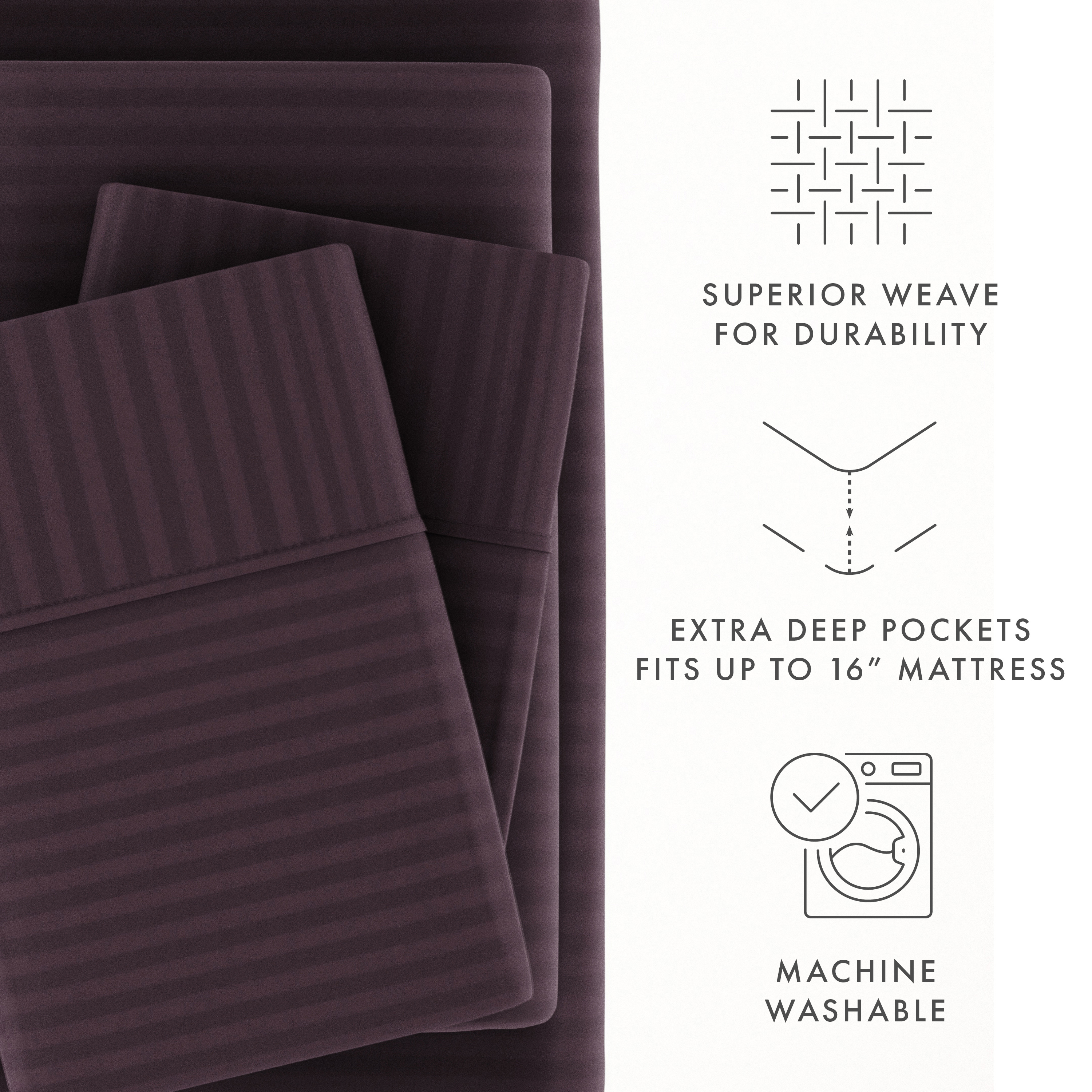 Noble Linens 4 Piece Purple Striped Embossed Bed Sheet Set, Full