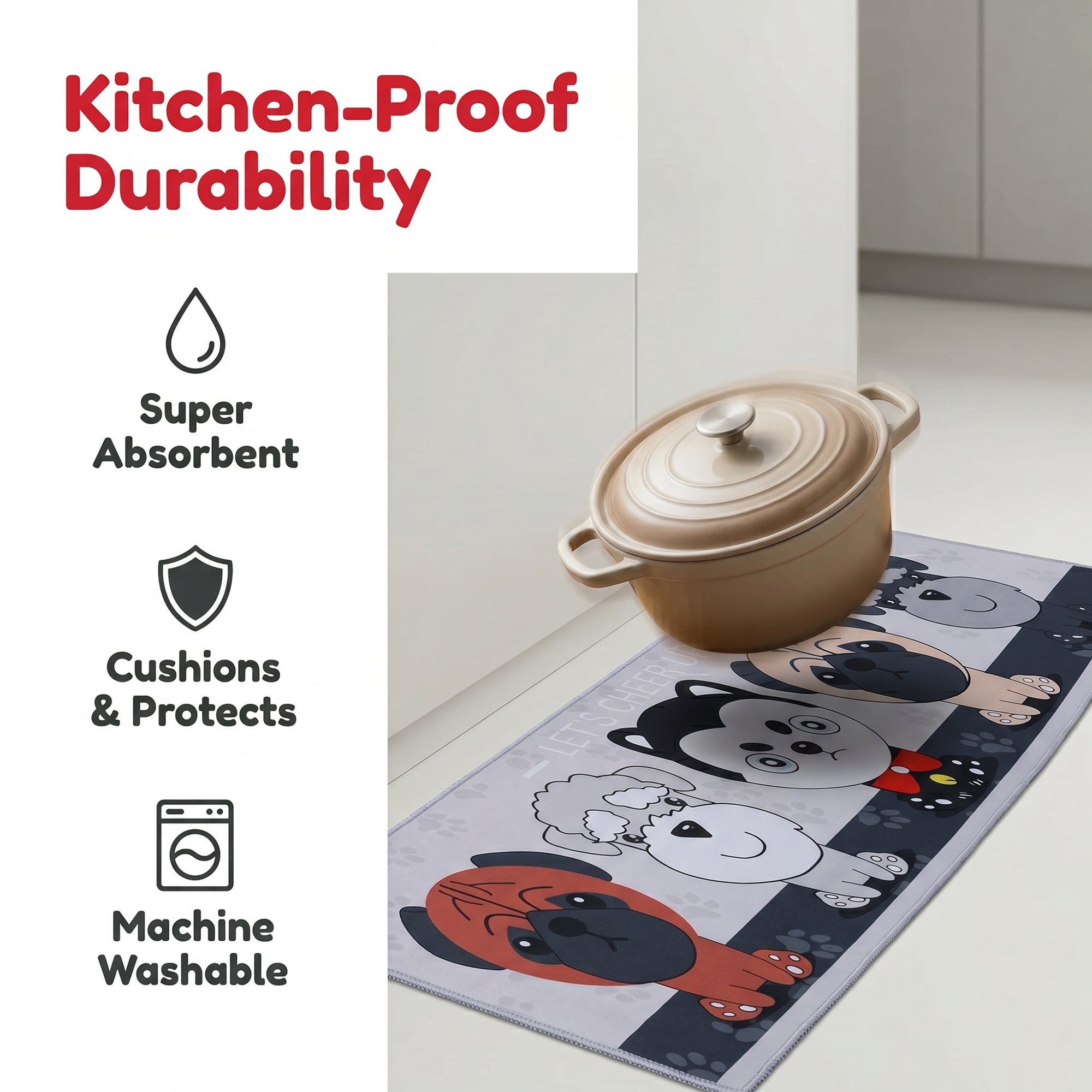 Unique Bargains Non Slip Dog Floral Printed Kitchen Rugs and Mats Gray 24"x16"+47"x16"