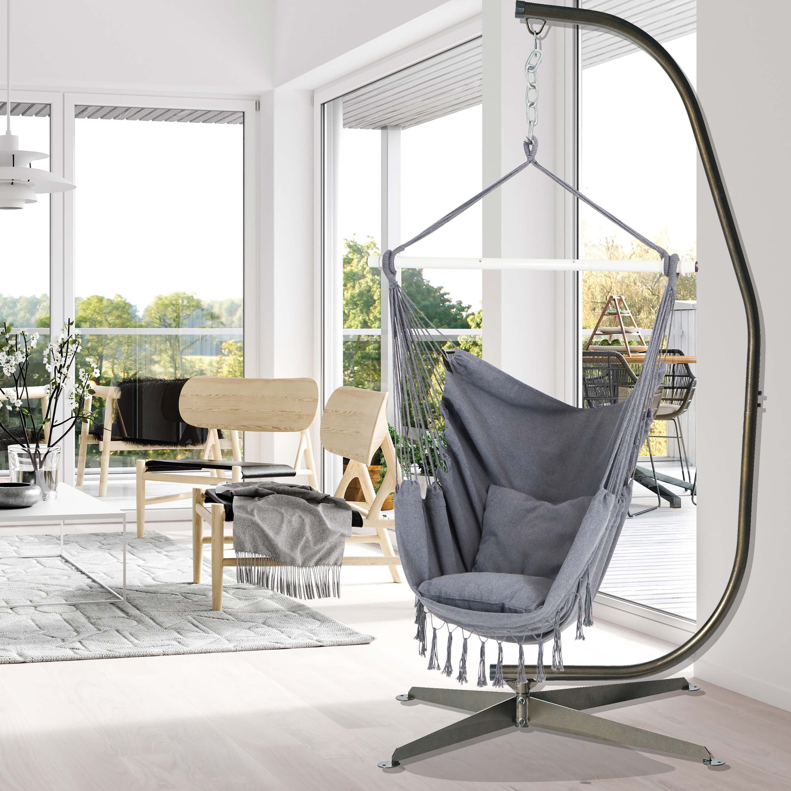 Bliss Hammocks Fringed Hammock Chair w/ 2 Matching Square Pillows & Built-In Side Pocket -Gray