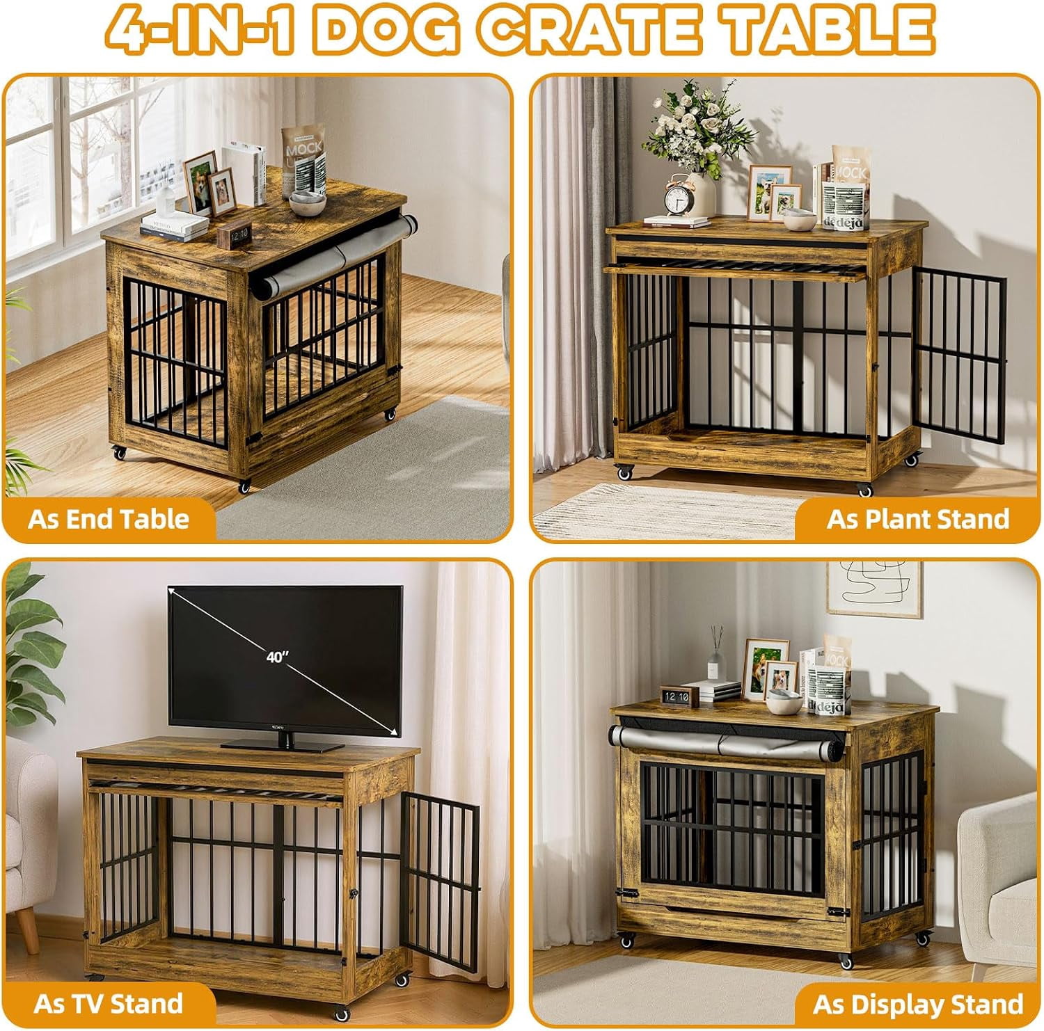 38" Wooden Dog Crate Furniture with Double Door, Lockable Wheels & Blackout Curtain – Decorative End Table Kennel for Large & Medium Breed Dogs, Rustic Brown