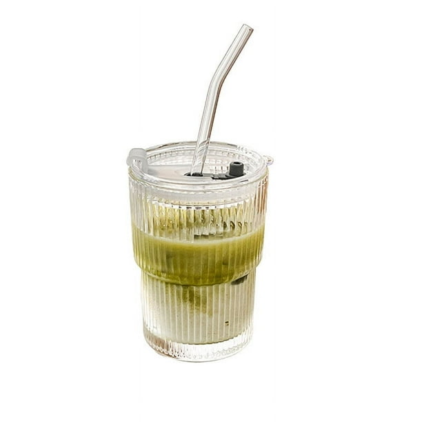 Vaso de agua de vidrio con tapa de pajita,diseño de rayas verticales,ideal para bebidas de café helado.Vaso térmico de verano para el hogar,la oficina y uso al aire libre.