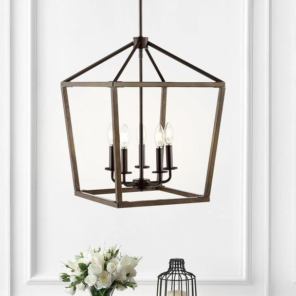JONATHAN Y Oria 16" 5-Light Iron Farmhouse Industrial Lantern LED Pendant, Oil Rubbed Bronze/Faux Wood