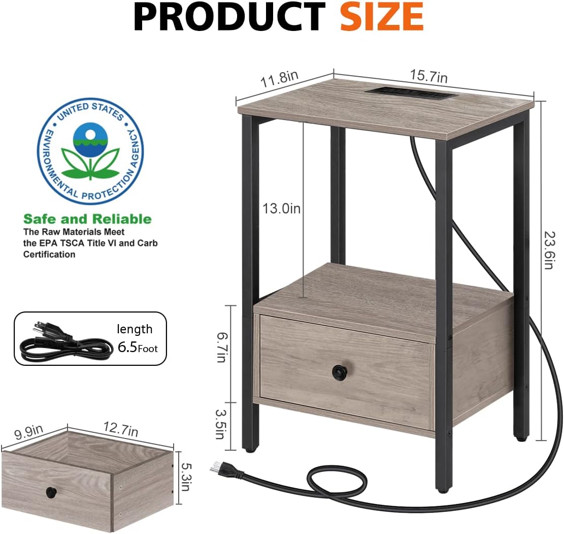 Oumilen Modern Adult Nightstand Bottom Wood Drawer with Chargers Light Oak, Set of 2