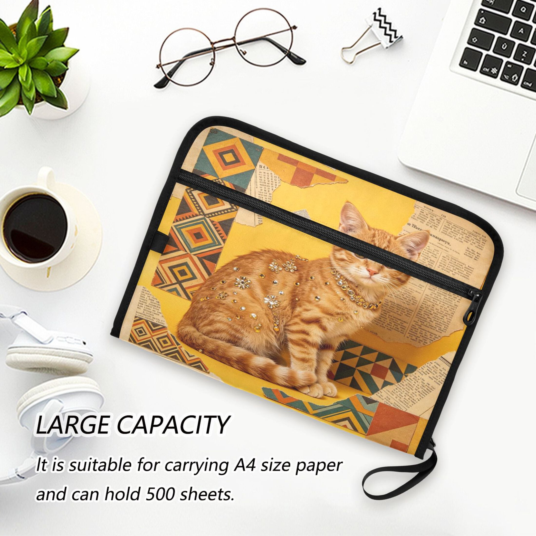 13-Pocket Expanding File Folder—Nylon Accordion File Organizer with Handwritten Labels, Glam Orange Cat