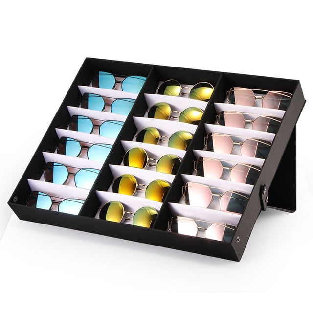 Yuarrent Caja de exhibición de gafas con 18 ranuras, caja de almacenamiento de exhibición de relojes de joyería de gafas de sol con función de soporte Almacenamiento y organización del hogar Yuarrent HA015962-00