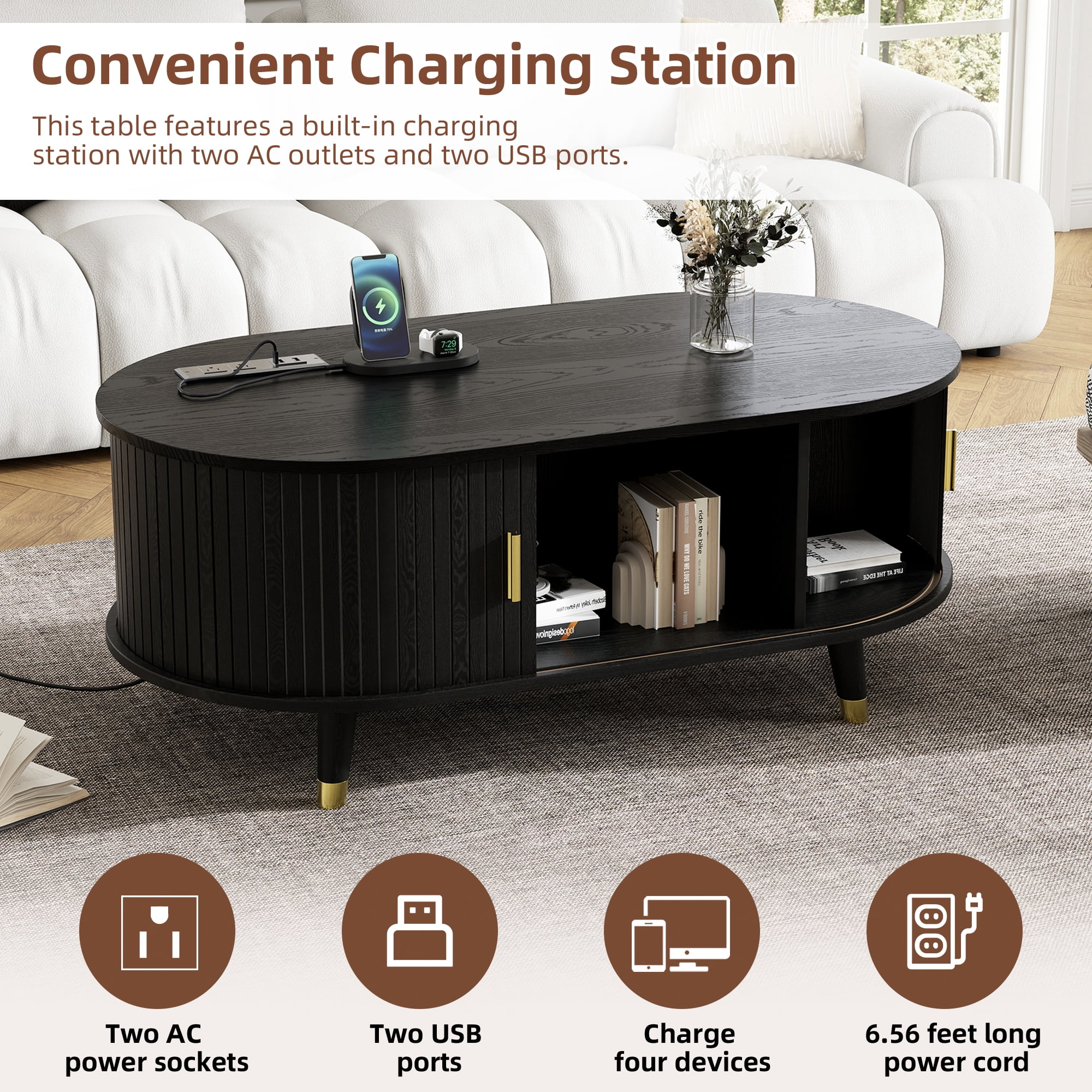 Euroco Mid-Century Modern Round Coffee Table with Fluted Sliding Doors, Charging Station, and Storage，Black