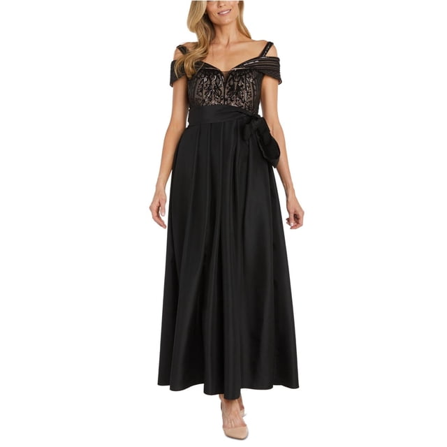 R & M Richards Womens Sequined Pleated Gown Dress, black, 6