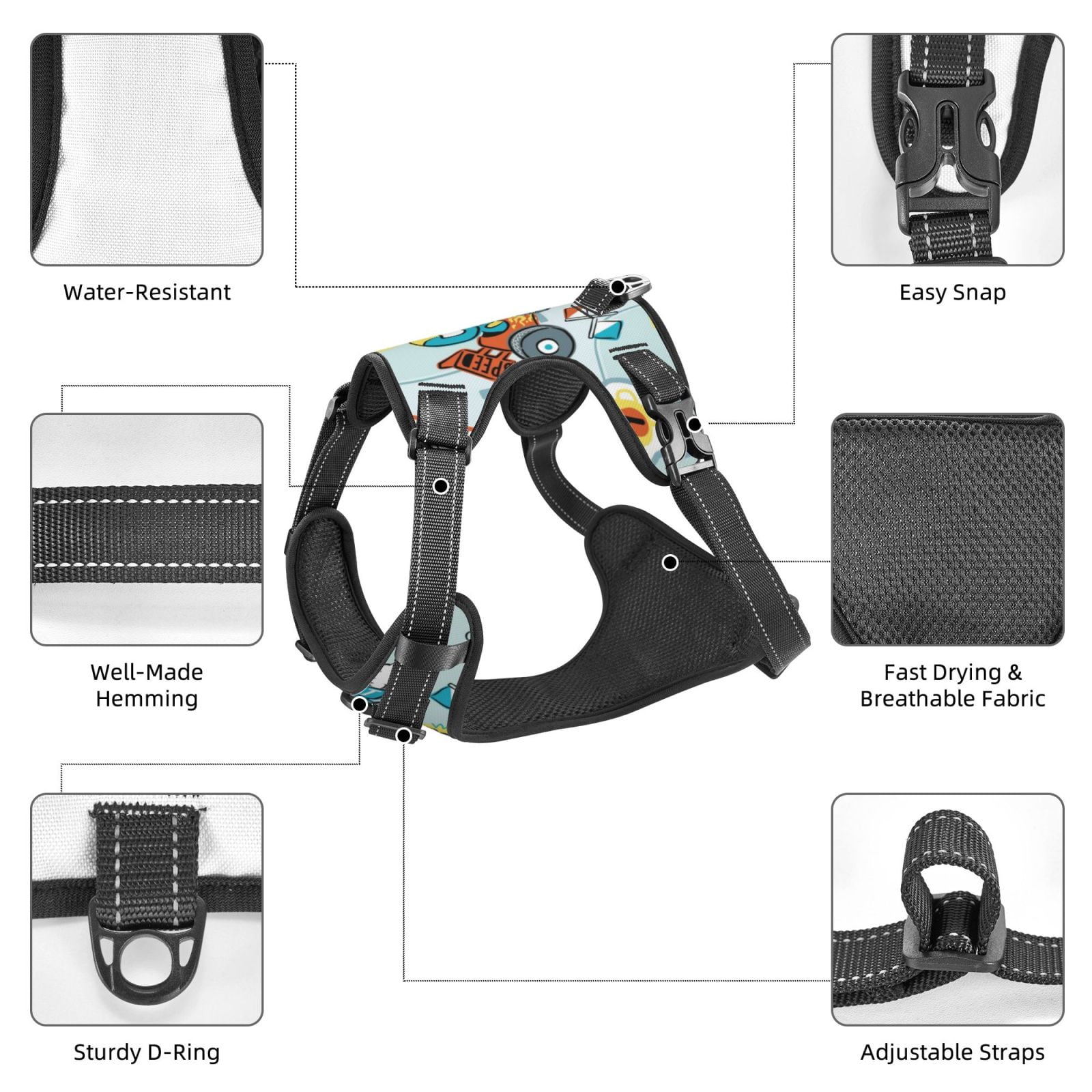 Fuzoiu Cartoon Car Racing Print Reflective Dog Harness,Adjustable, Breathable Pet Vest,Dog Harness No Pull,No Choke Pet Vest for Small, Medium, and Large Dogs-Small