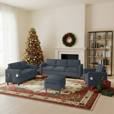ijuicy Sectional Sofa Set,3PCS Living Room Furniture Couch Sets with Movable Storage Ottoman & Side Pockets,Include Sofa,Loveseat&Chair,Dark Gray