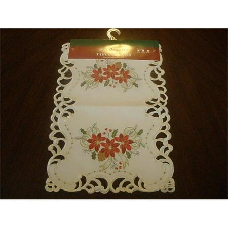 

05HZ4080-1472 14 x 72 in. Embroidered Christmas Poinsettia Jacquard Cutwork Table Runner